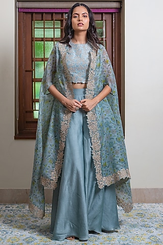 Aqua Blue Organza Hand Block Printed Cape Set by Maliha by Anar and Anoli