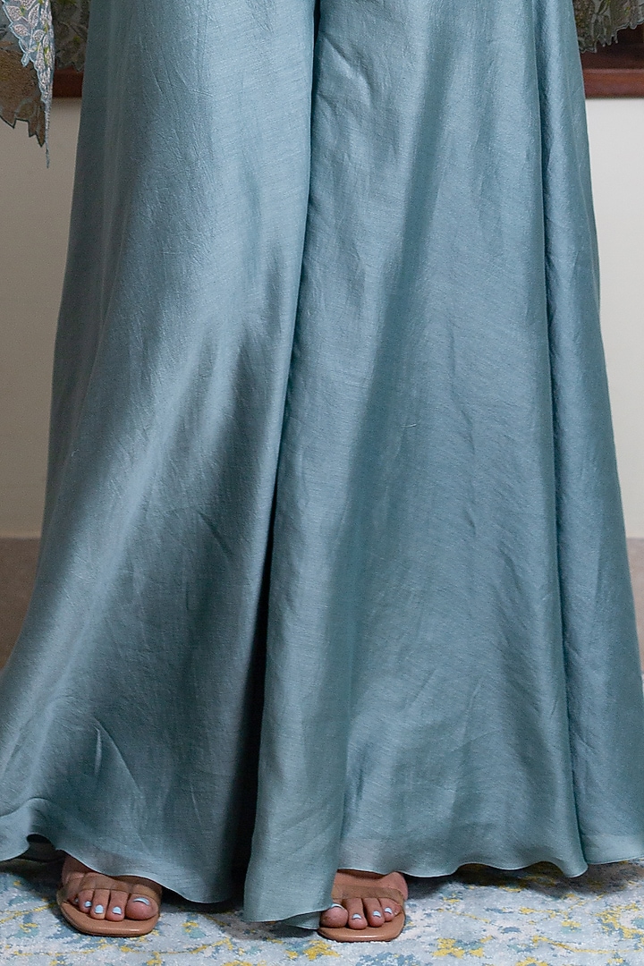 Aqua Blue Organza Hand Block Printed Cape Set by Maliha by Anar and Anoli at Pernia's Pop Up Shop