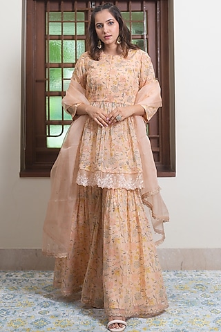 Peach Kota Hand Block Printed Sharara Set by Maliha by Anar and Anoli