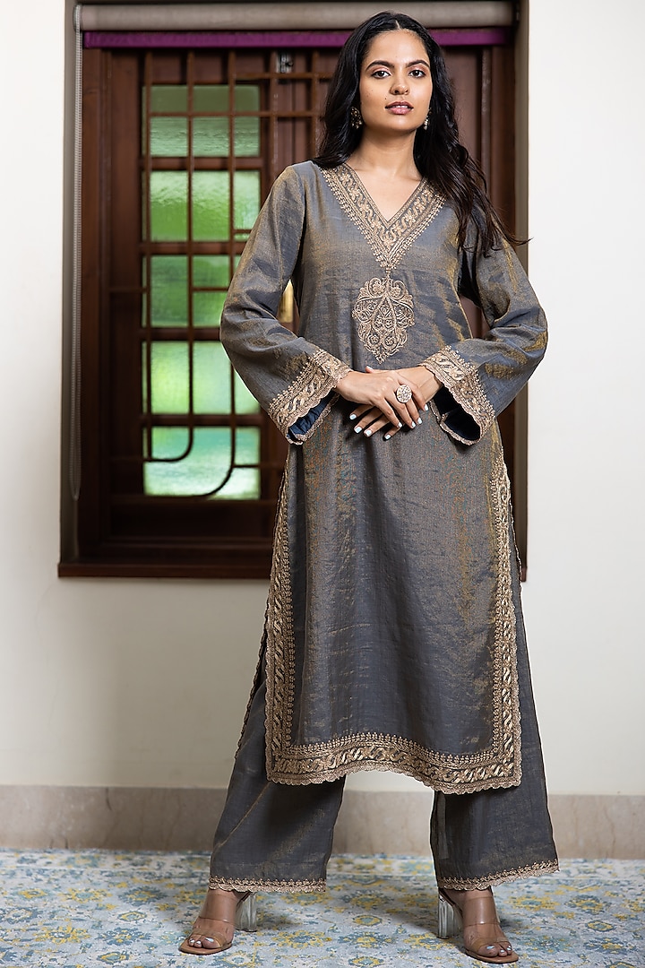 Dark Grey Tissue Chanderi Embroidered Kurta Set by Maliha by Anar and Anoli at Pernia's Pop Up Shop