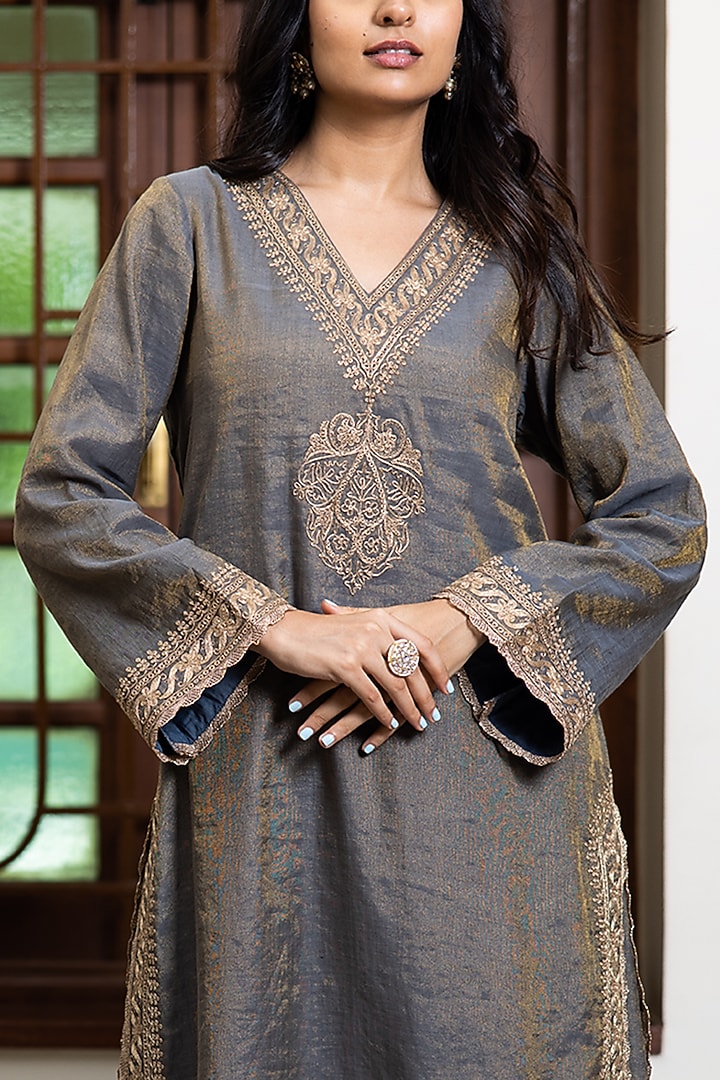 Dark Grey Tissue Chanderi Embroidered Kurta Set by Maliha by Anar and Anoli at Pernia's Pop Up Shop