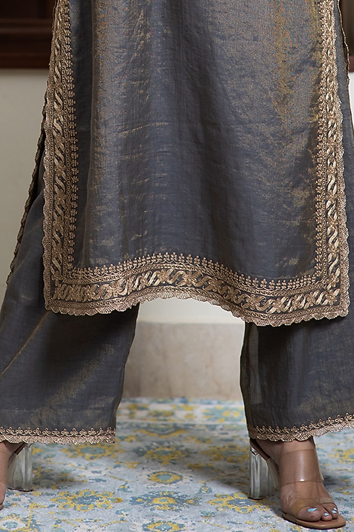 Dark Grey Tissue Chanderi Embroidered Kurta Set by Maliha by Anar and Anoli at Pernia's Pop Up Shop