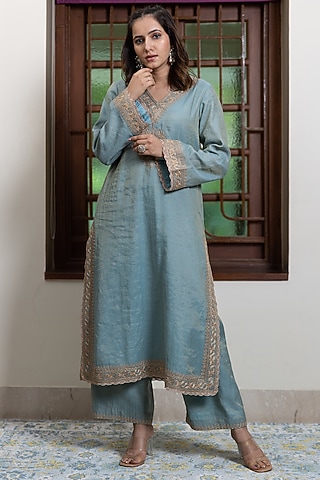 Greyish Blue Tissue Chanderi Embroidered Kurta Set by Maliha by Anar and Anoli