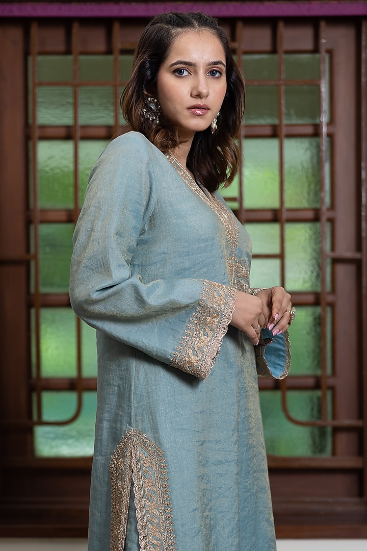 Greyish Blue Tissue Chanderi Embroidered Kurta Set by Maliha by Anar and Anoli at Pernia's Pop Up Shop