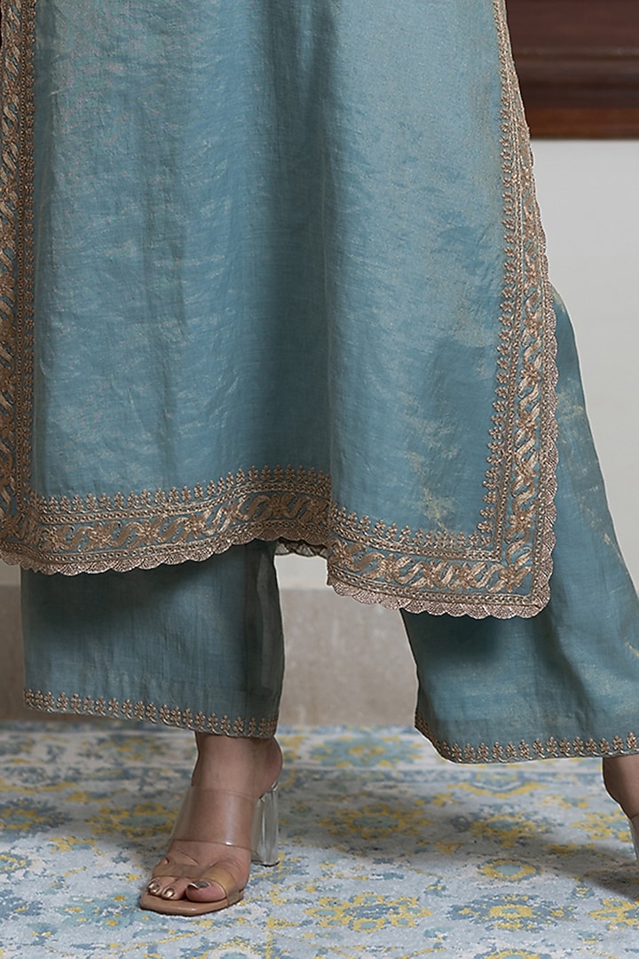 Greyish Blue Tissue Chanderi Embroidered Kurta Set by Maliha by Anar and Anoli at Pernia's Pop Up Shop