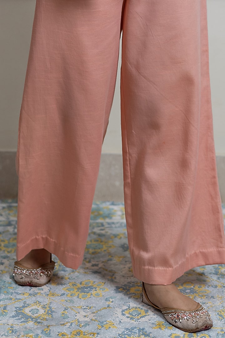 Peach Cotton Satin Embroidered Co-Ord Set by Maliha by Anar and Anoli at Pernia's Pop Up Shop