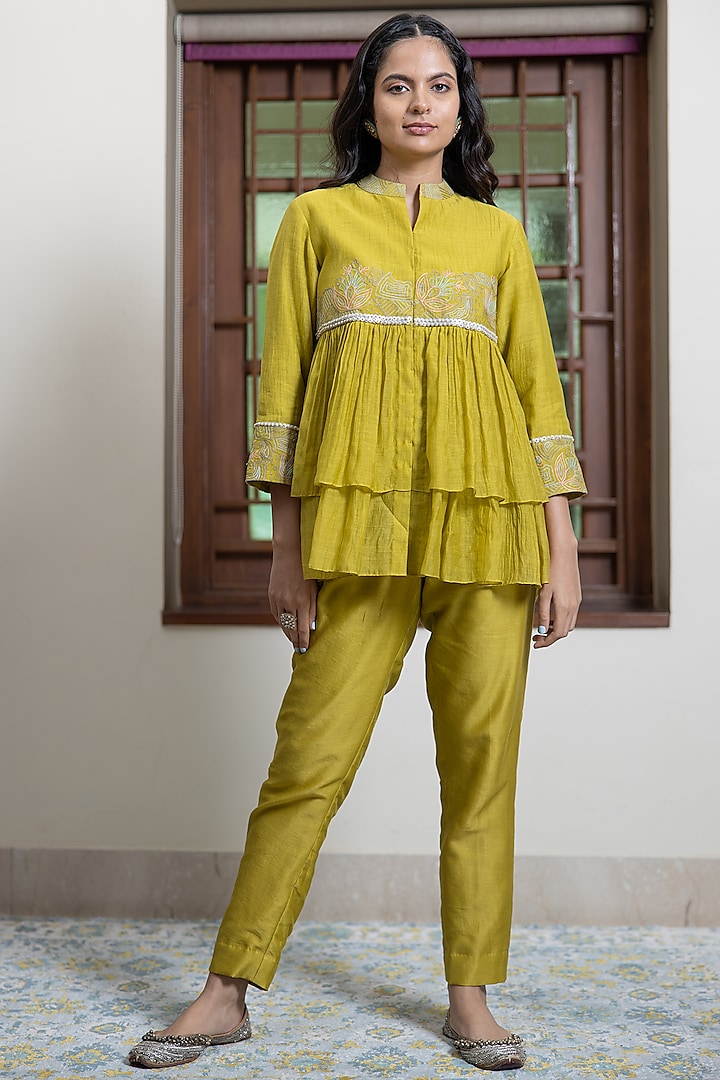 Mustard Soft Chanderi Embroidered Co-Ord Set by Maliha by Anar and Anoli