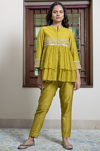 Mustard Soft Chanderi Embroidered Co-Ord Set by Maliha by Anar and Anoli