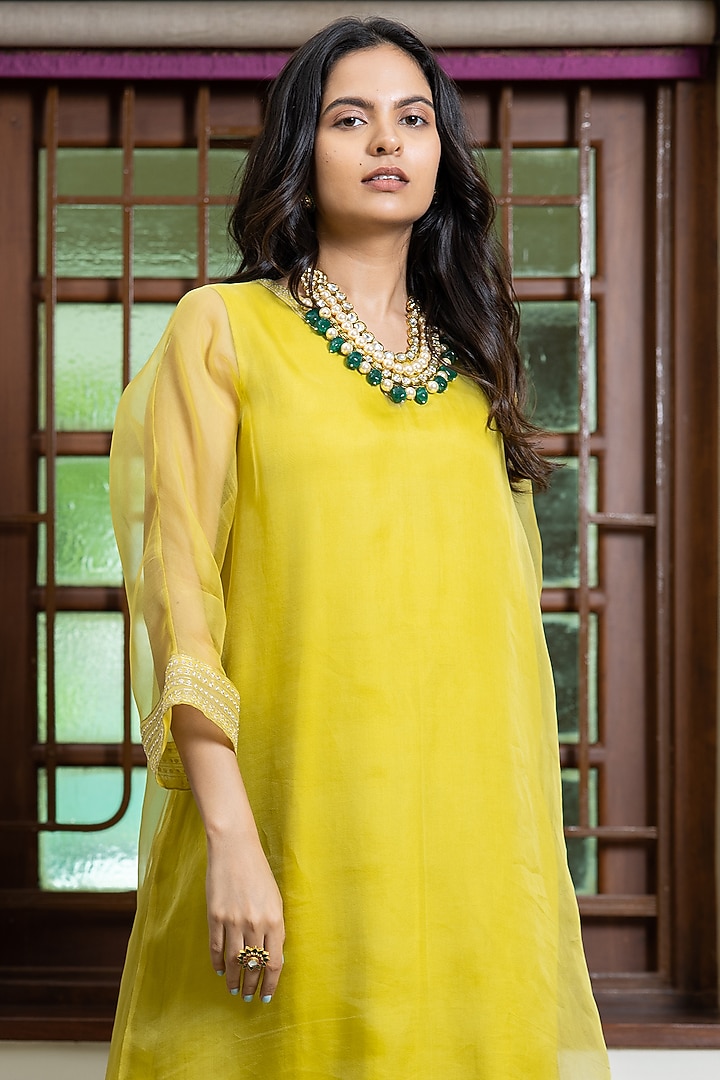 Mustard Organza Embroidered Kaftan Set by Maliha by Anar and Anoli at Pernia's Pop Up Shop