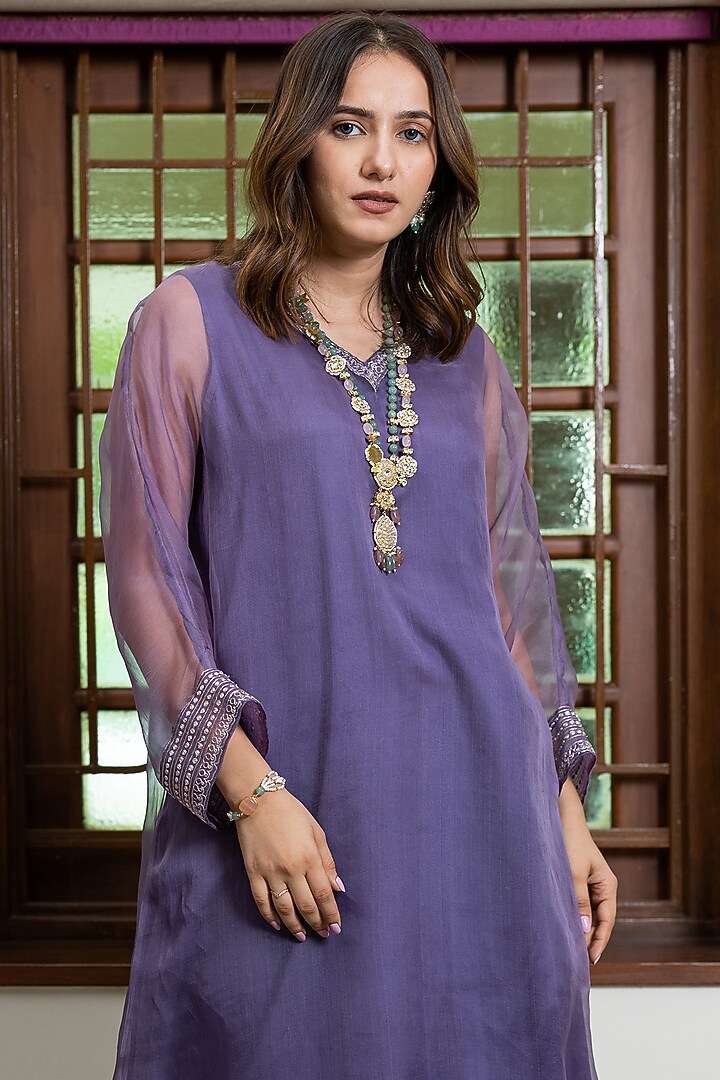 Dark Lilac Organza Embroidered Kaftan Set by Maliha by Anar and Anoli at Pernia's Pop Up Shop