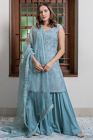Aqua Blue Chiffon Sharara Set by Maliha by Anar and Anoli