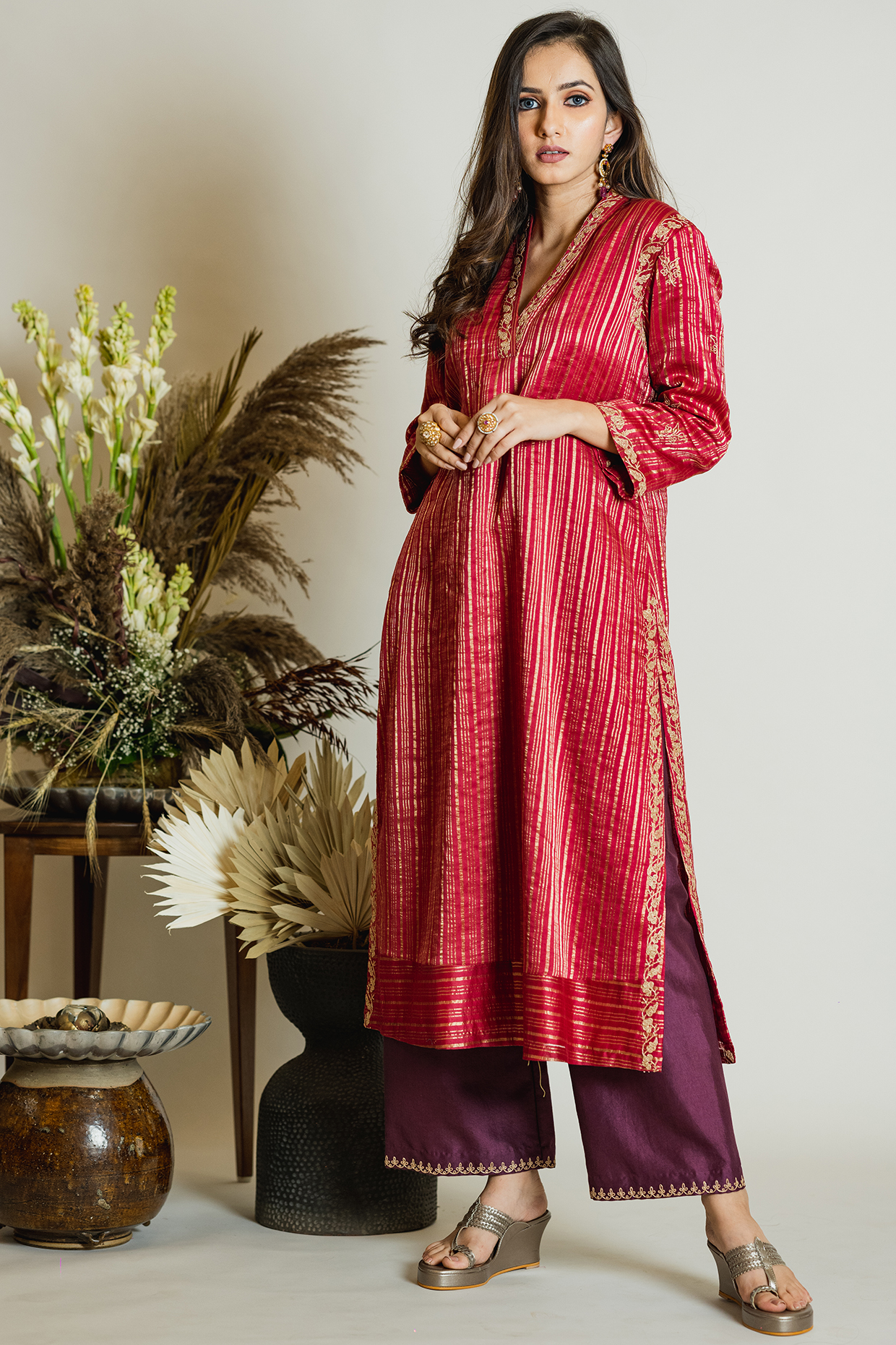 Red Chanderi Silk Kurta Set by Maliha by Anar and Anoli at Pernia's Pop Up Shop