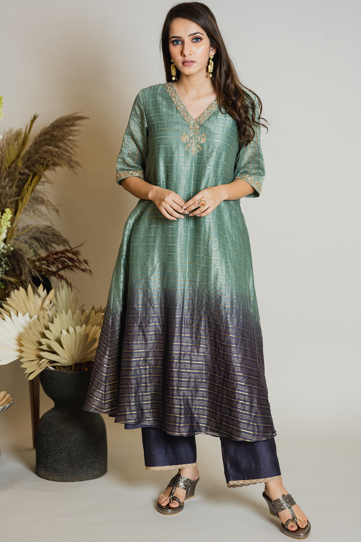 Turquoise Blue Chanderi Silk Kurta Set by Maliha by Anar and Anoli