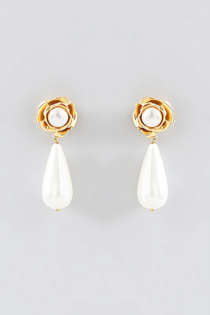 Gold Plated White Pearl Floral Dangler Earrings by Maalicious at Pernia's Pop Up Shop