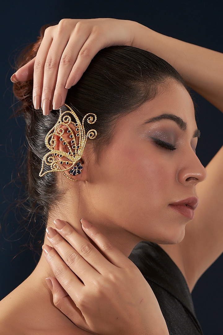 Gold Plated Navy Blue Zircon Butterfly Ear Cuffs by Maalicious