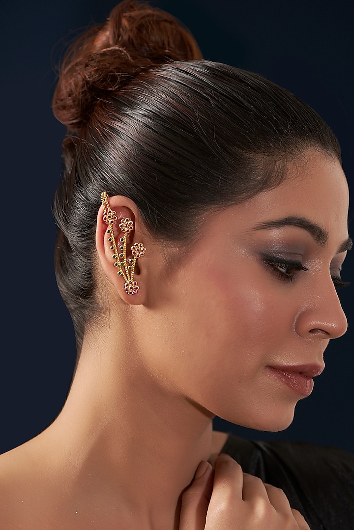 Gold Plated Zirconia Lotus Stud Earrings by Maalicious