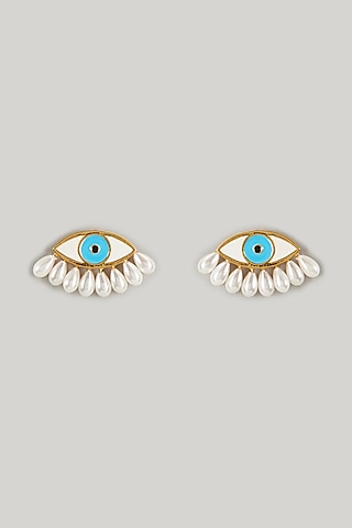 Gold Finish Pearl Stud Earrings by Maalicious