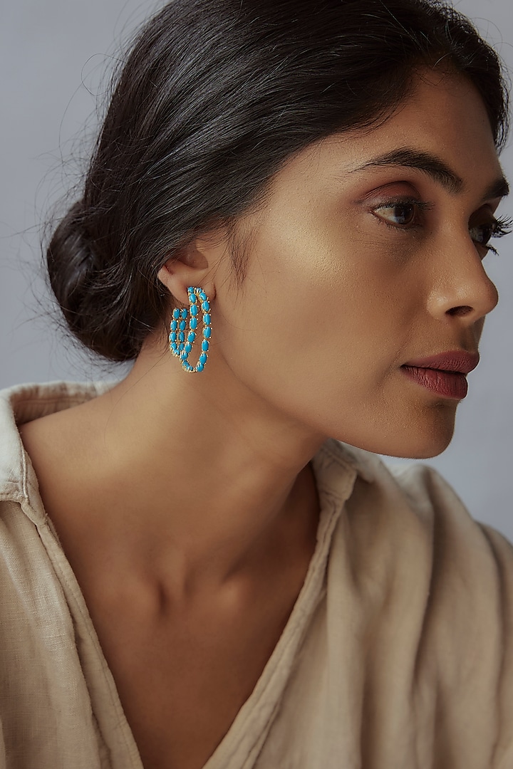 Gold Finish Turquoise Stone Hoop Earrings by Maalicious