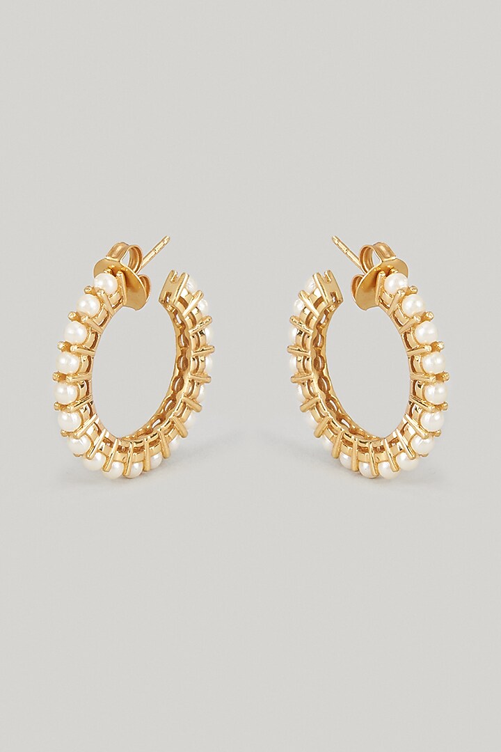 Gold Finish Pearl Hoop Earrings by Maalicious at Pernia's Pop Up Shop