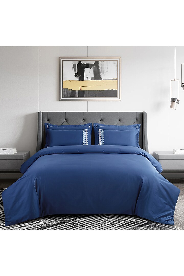 Blue Cotton Embroidered Bedsheet Set by Malako at Pernia's Pop Up Shop