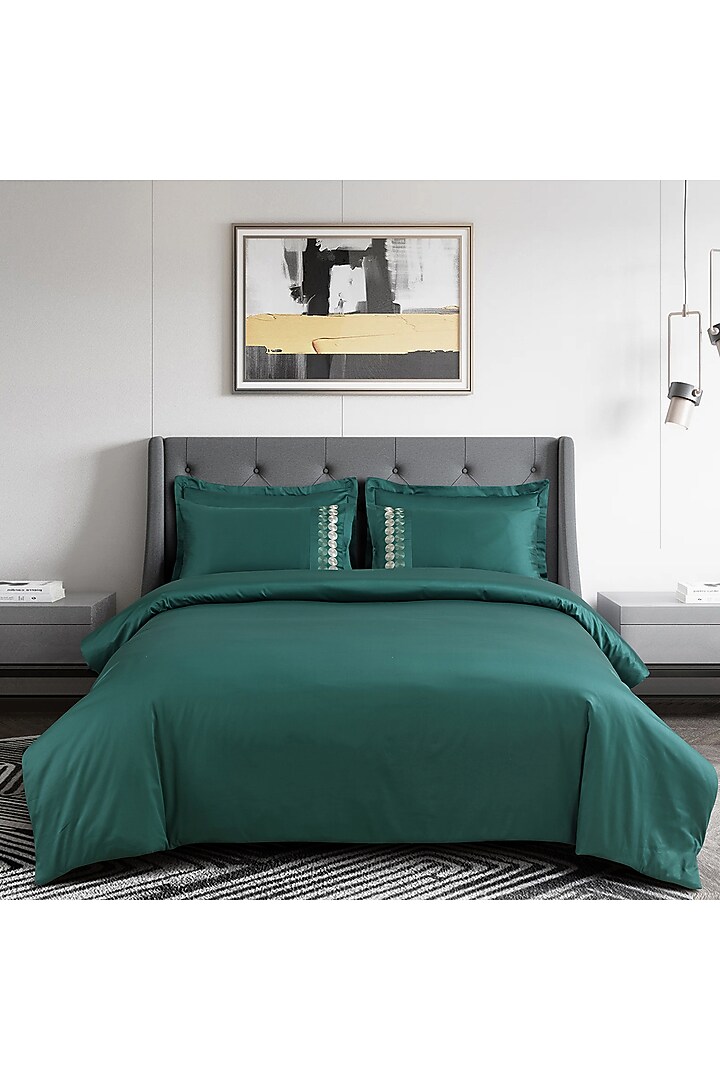 Green Cotton Embroidered Bedsheet Set by Malako at Pernia's Pop Up Shop