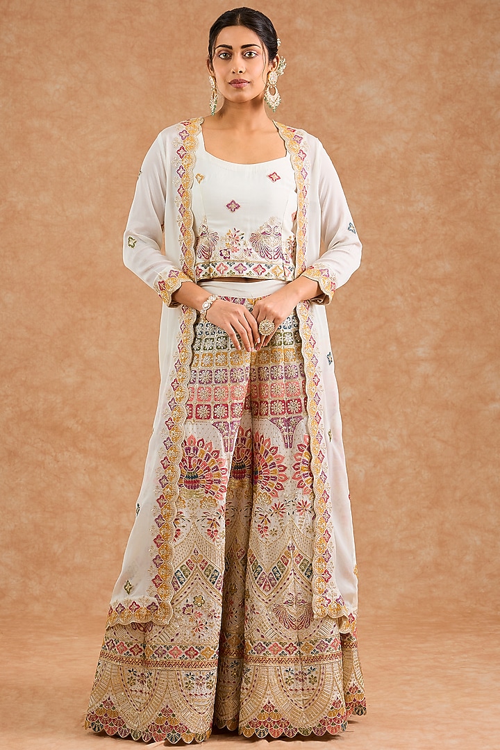 Off-White Viscose Chinon Chiffon Thread Embroidered Wedding Sharara Set by Milu Madan at Pernia's Pop Up Shop