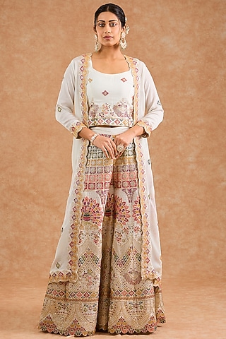 Off-White Viscose Chinon Chiffon Thread Embroidered Sharara Set by Milu Madan