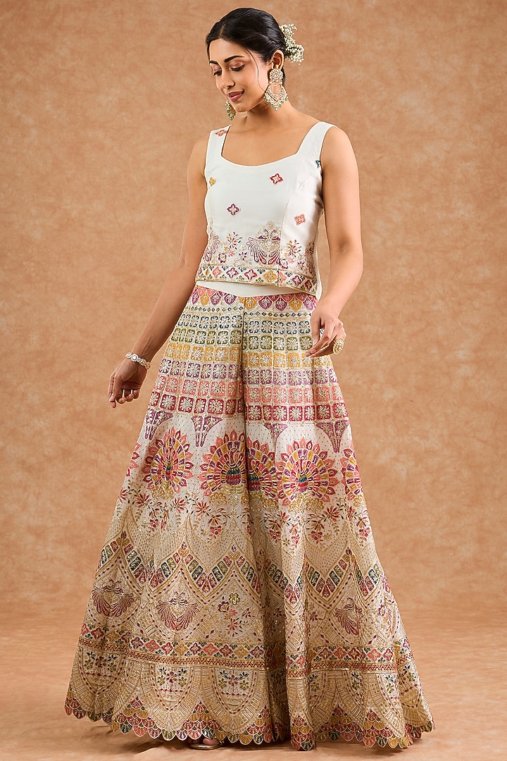 Off-White Viscose Chinon Chiffon Thread Embroidered Wedding Sharara Set by Milu Madan at Pernia's Pop Up Shop