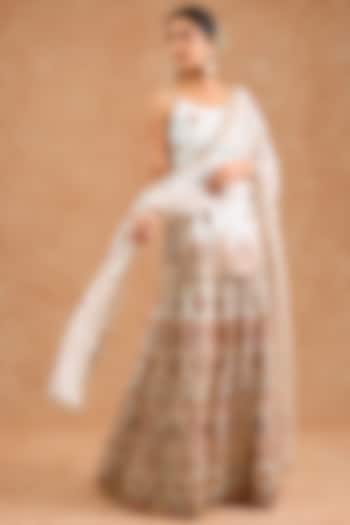 Off-White Viscose Chinon Chiffon Thread Embroidered Wedding Sharara Set by Milu Madan at Pernia's Pop Up Shop