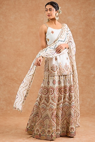 Off-White Viscose Chinon Chiffon Thread Embroidered Sharara Set by Milu Madan