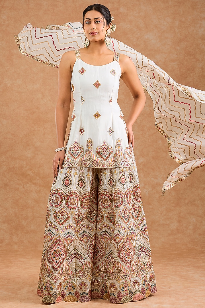 Off-White Viscose Chinon Chiffon Thread Embroidered Wedding Sharara Set by Milu Madan at Pernia's Pop Up Shop