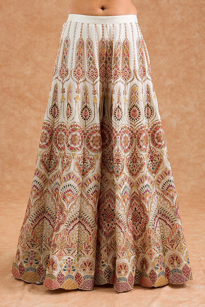 Off-White Viscose Chinon Chiffon Thread Embroidered Wedding Sharara Set by Milu Madan at Pernia's Pop Up Shop