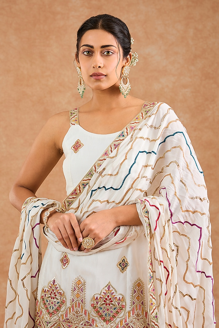 Off-White Viscose Chinon Chiffon Thread Embroidered Wedding Sharara Set by Milu Madan at Pernia's Pop Up Shop