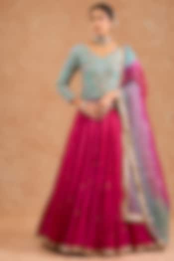 Pink Crushed Viscose Silk Flared Wedding Lehenga Set by Milu Madan at Pernia's Pop Up Shop