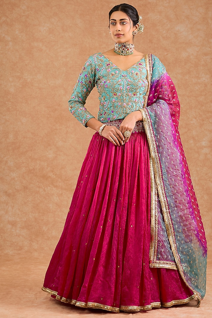 Pink Crushed Viscose Silk Flared Wedding Lehenga Set by Milu Madan at Pernia's Pop Up Shop