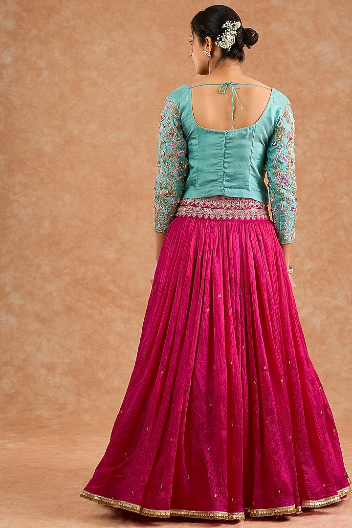 Pink Crushed Viscose Silk Flared Wedding Lehenga Set by Milu Madan at Pernia's Pop Up Shop