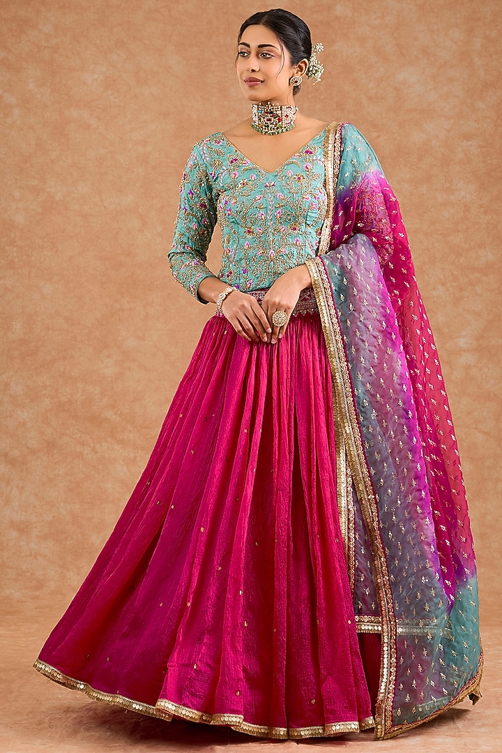Pink Crushed Viscose Silk Flared Wedding Lehenga Set by Milu Madan at Pernia's Pop Up Shop