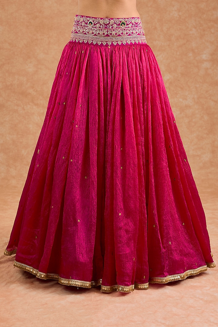 Pink Crushed Viscose Silk Flared Wedding Lehenga Set by Milu Madan at Pernia's Pop Up Shop