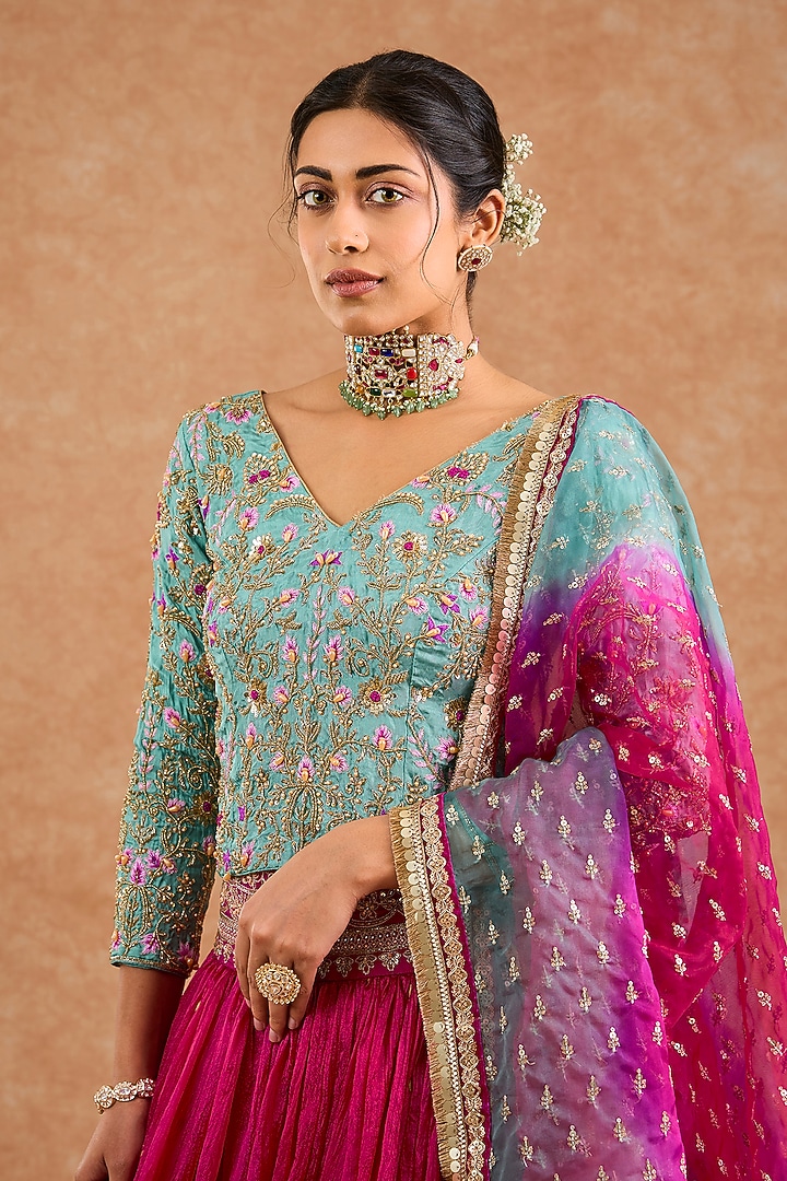 Pink Crushed Viscose Silk Flared Wedding Lehenga Set by Milu Madan at Pernia's Pop Up Shop