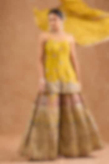 Yellow Viscose Chinon Chiffon Sequin Embroidered Wedding Sharara Set by Milu Madan at Pernia's Pop Up Shop