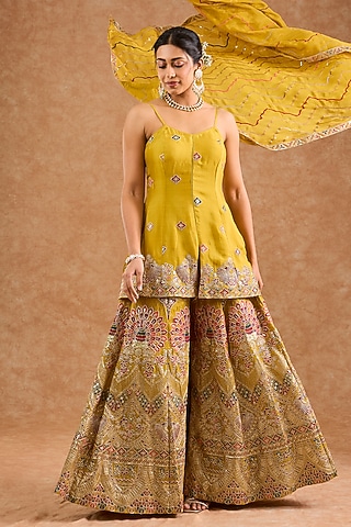Yellow Viscose Chinon Chiffon Sequin Embroidered Sharara Set by Milu Madan