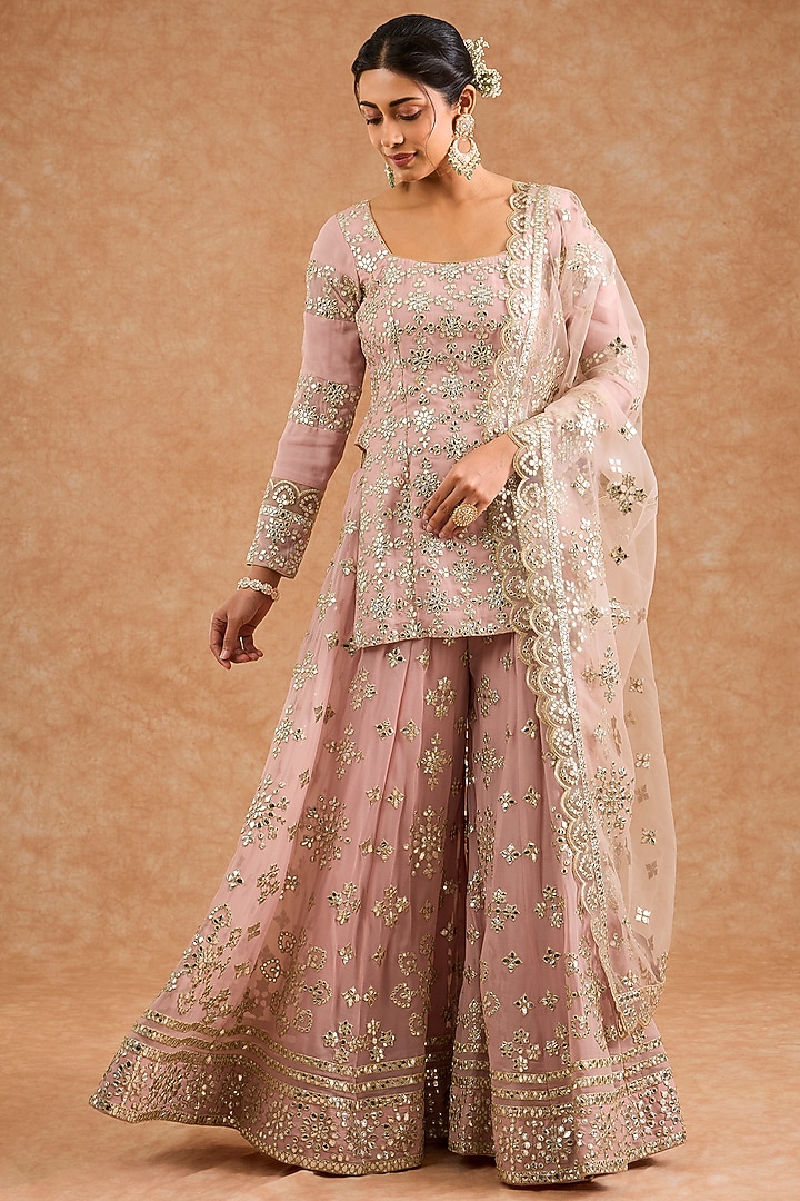 Pink Viscose Georgette Applique Work Wedding Sharara Set by Milu Madan at Pernia's Pop Up Shop