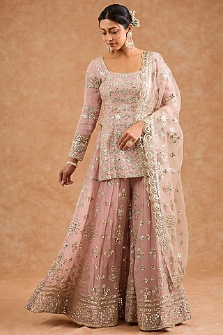 Pink Viscose Georgette Applique Work Sharara Set by Milu Madan