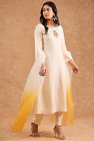 Ivory Viscose Silk Hand Embroidered Kurta Set by Milu Madan
