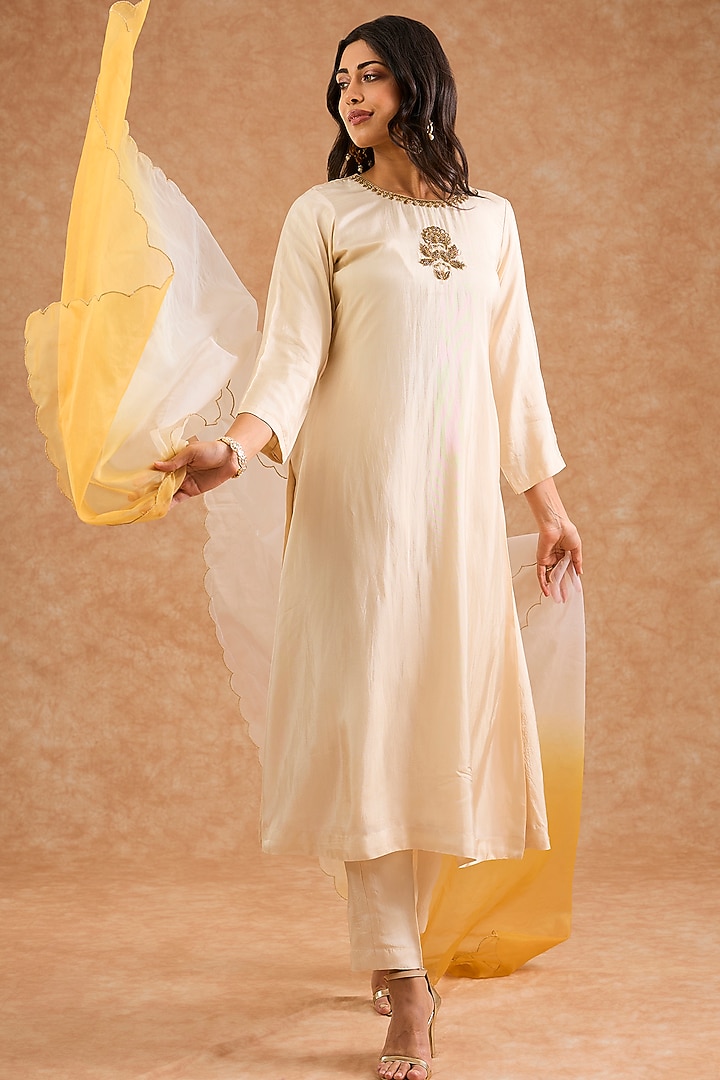 Ivory Viscose Silk Hand Embroidered Kurta Set by Milu Madan at Pernia's Pop Up Shop
