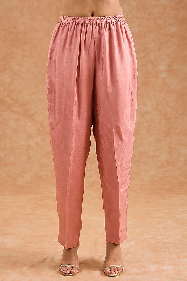 Dull Peach Viscose Silk Hand Embroidered Kurta Set by Milu Madan at Pernia's Pop Up Shop