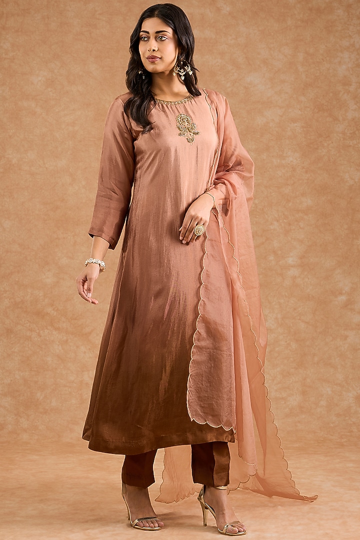 Brown Ombre Viscose Silk Hand Embroidered Kurta Set by Milu Madan at Pernia's Pop Up Shop