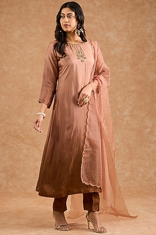 Brown Ombre Viscose Silk Hand Embroidered Kurta Set by Milu Madan