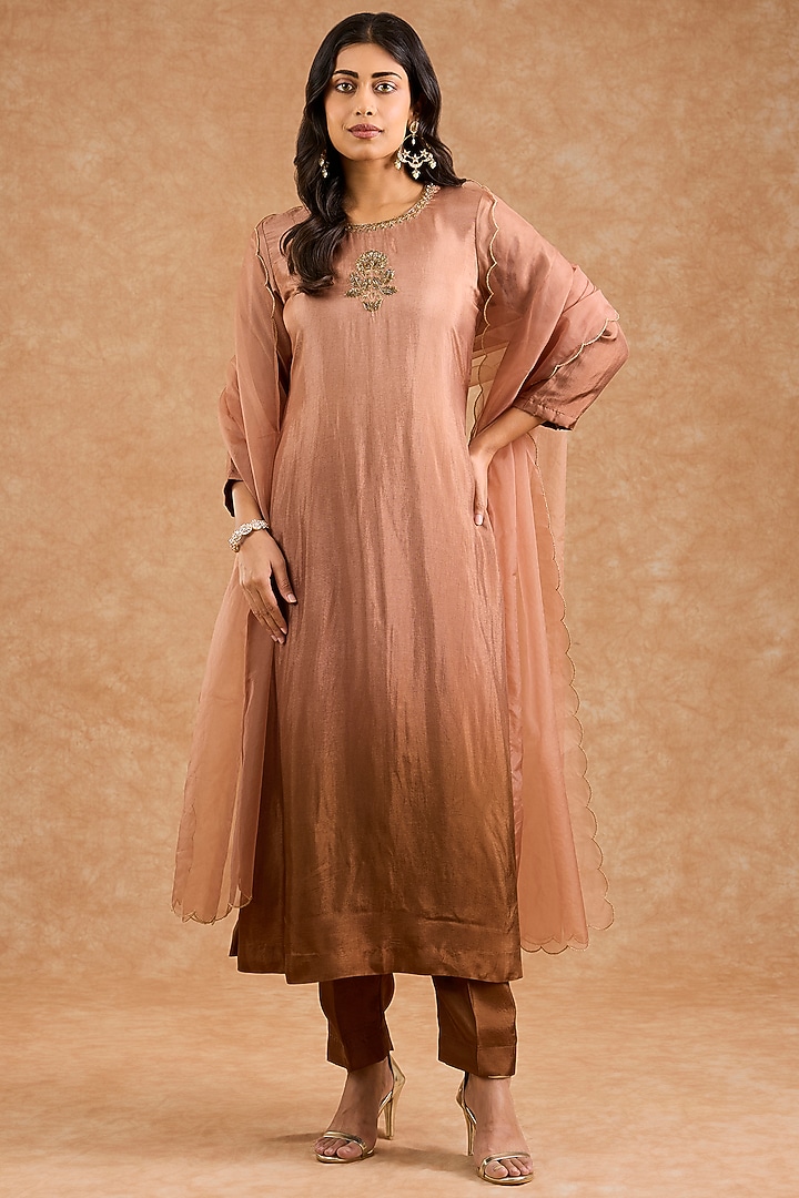 Brown Ombre Viscose Silk Hand Embroidered Kurta Set by Milu Madan at Pernia's Pop Up Shop