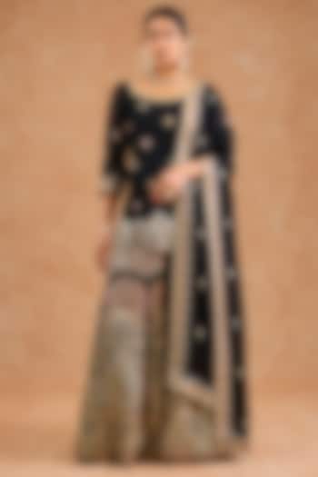 Black Viscose Chinon Chiffon Sequin Embroidered Wedding Sharara Set by Milu Madan at Pernia's Pop Up Shop